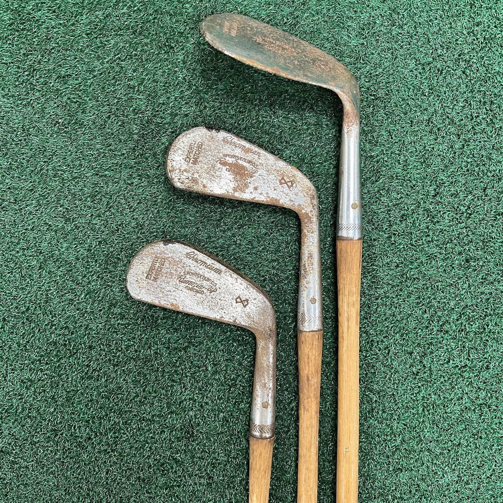 Antique Hickory Wood Shaft Golf Irons/Niblick Chromium Runner Up MRH (3 Clubs)