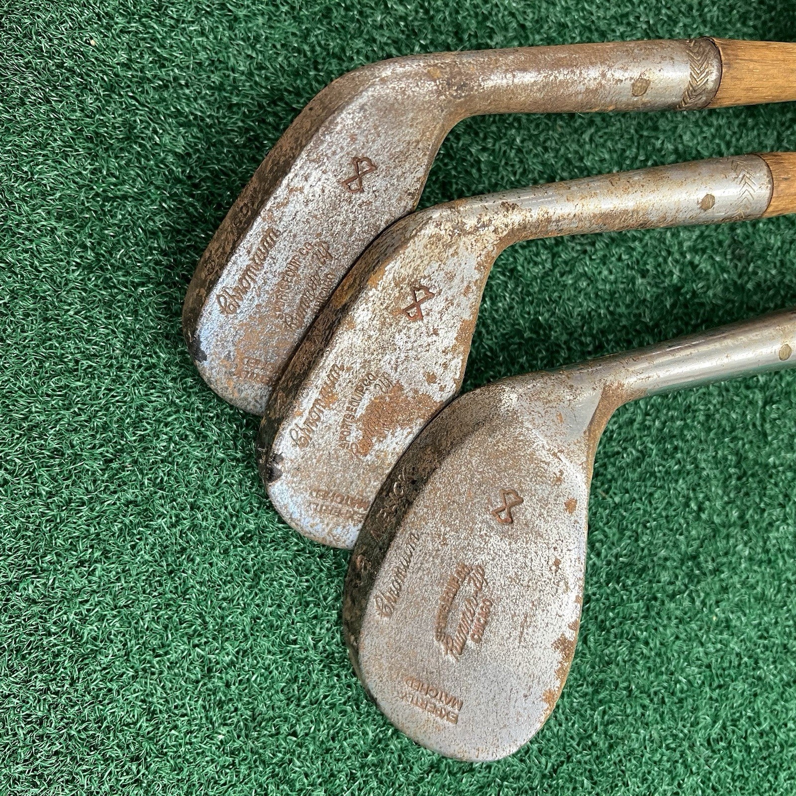 Antique Hickory Wood Shaft Golf Irons/Niblick Chromium Runner Up MRH (3 Clubs)